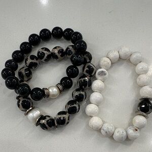 Black and White Beaded Stretch Bracelet Set - Women Jewelry
